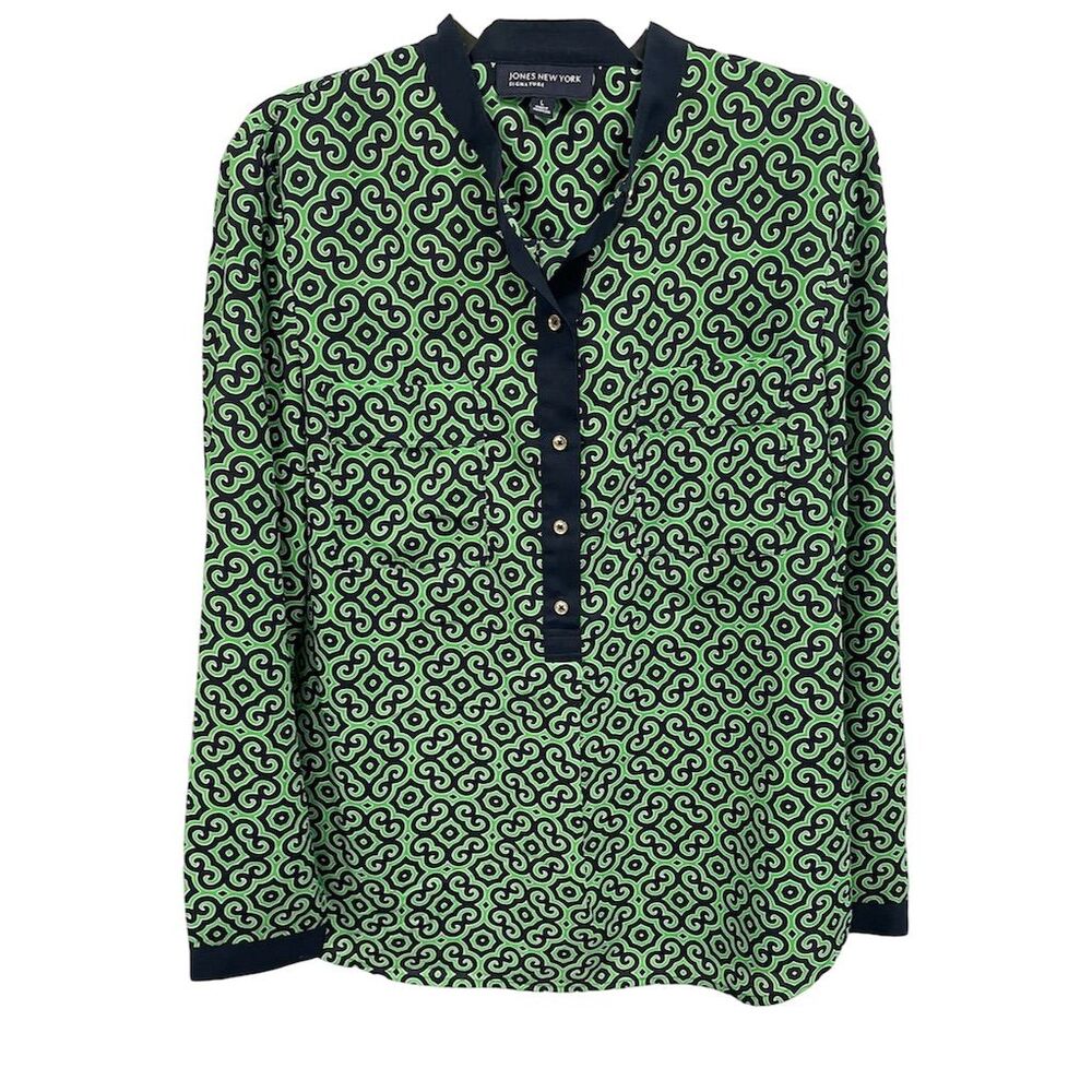 Jones New York Green and Navy Geometric Print Blouse